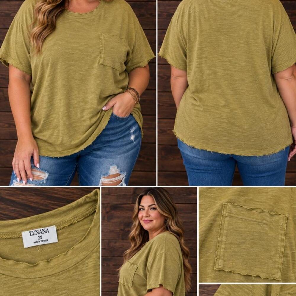 Zenana 2x mustard olive distressed tee